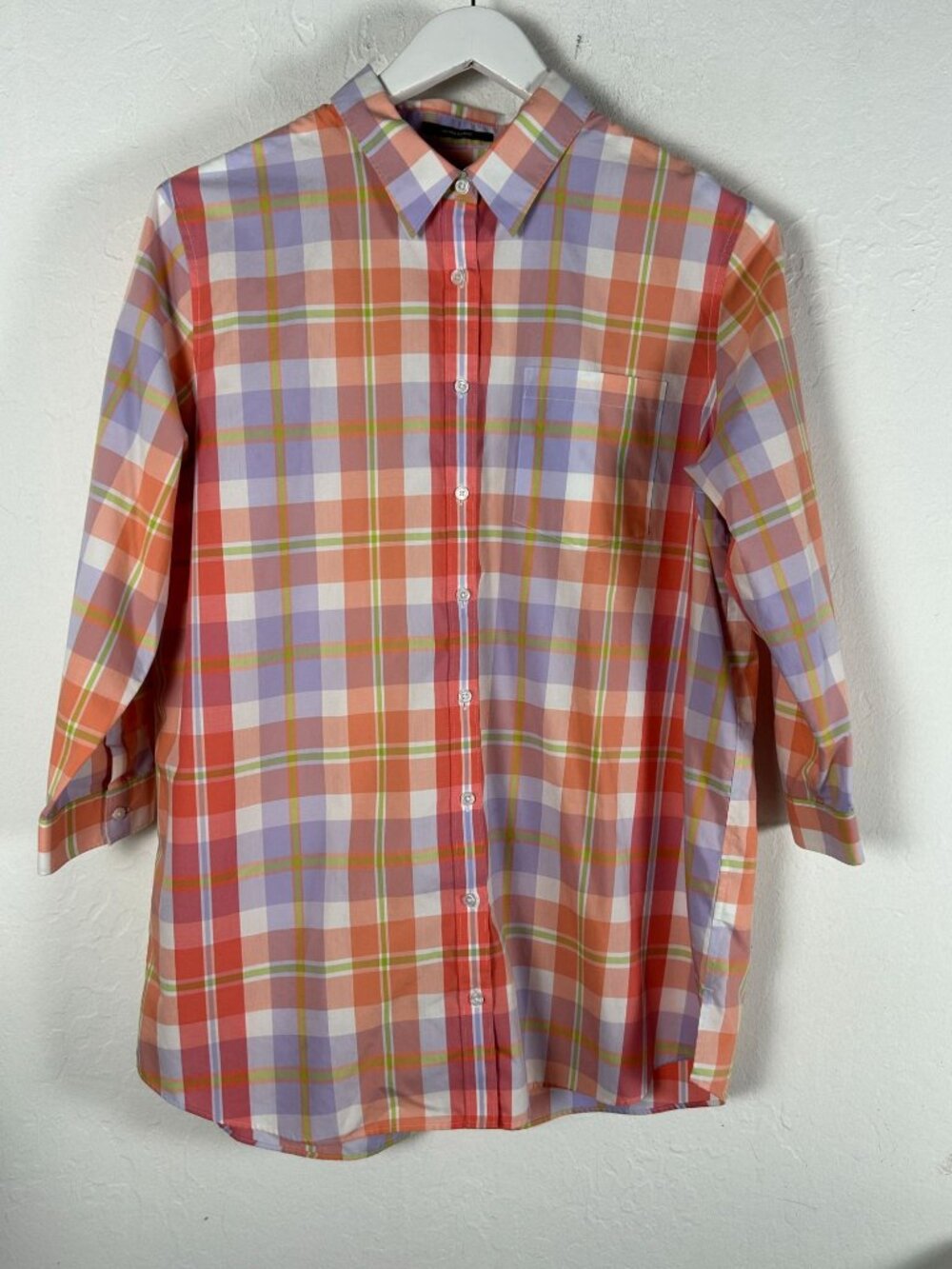 Lands' End Womens No Iron Supima Cotton 3/4 Sleeve Plaid Blouse Shirt Size 16